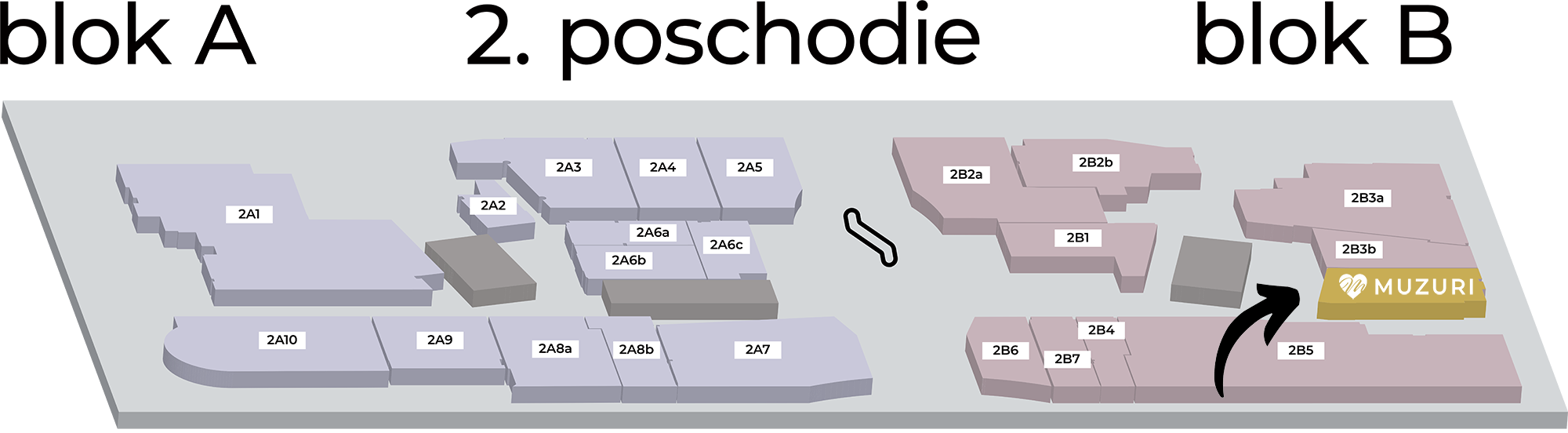Mapa 2. poschodia – blok B, predajňa Muzuri